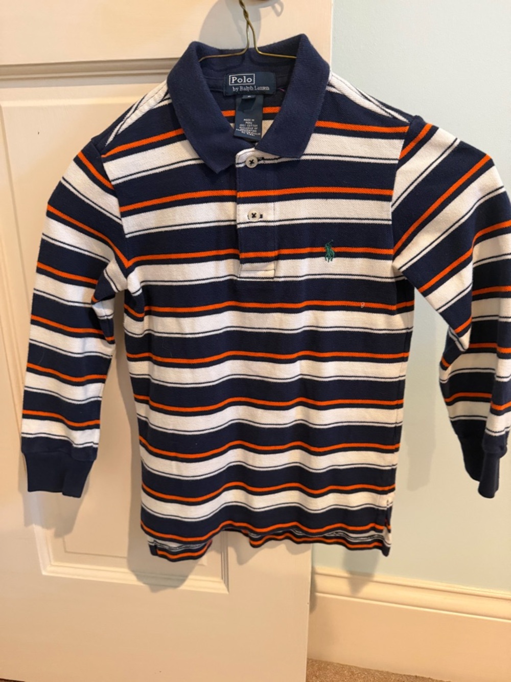Kids Ralph Lauren size 5 Navy, White & Orange Striped Long-Sleeve Polo
